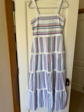 J McLaughlin Crochet-Trim Striped Sundress in White and Multicolor Stripes